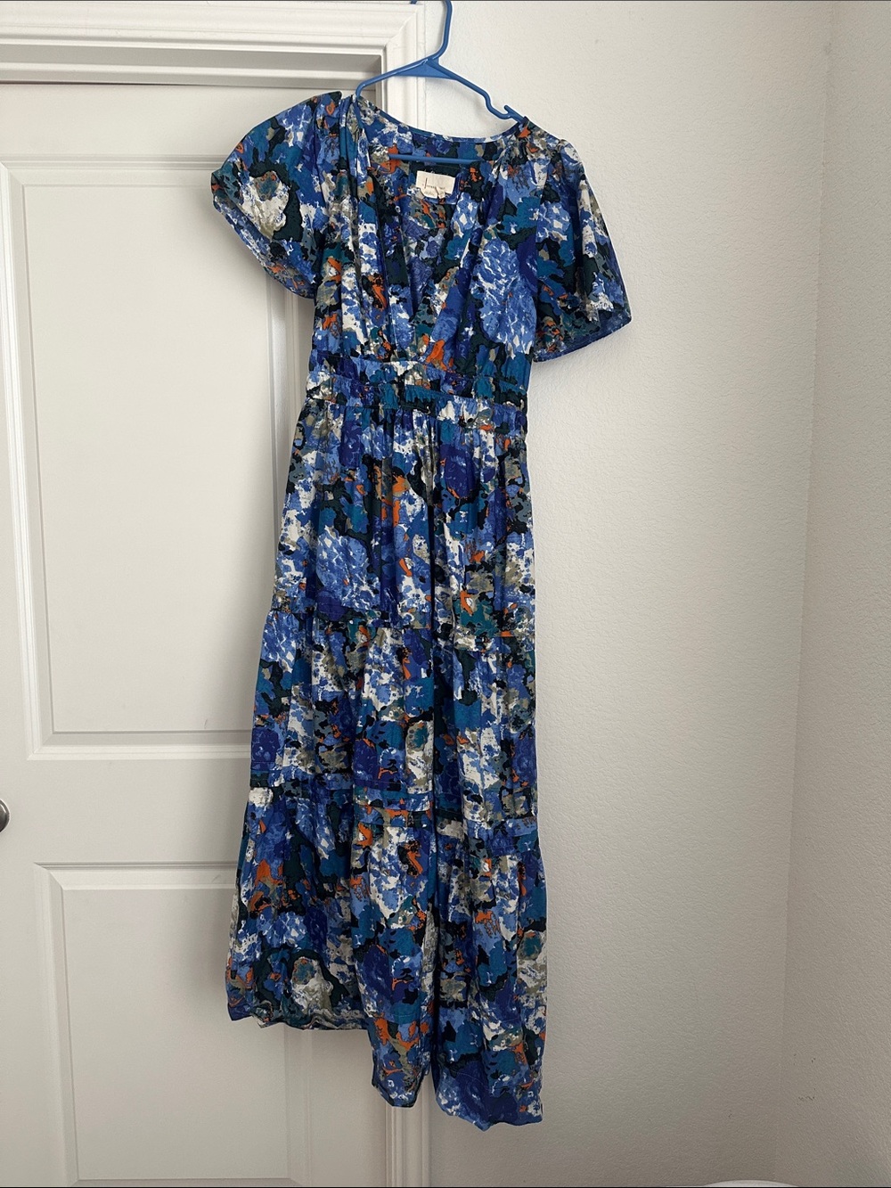 Anthropologie Blue Floral Tiered Maxi Dress with Orange Accents